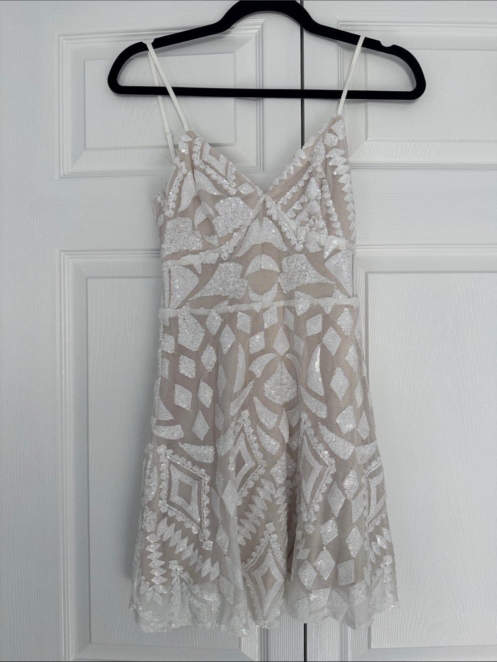Superdown Beaded White and Nude A-Line Spaghetti Strap Dress
